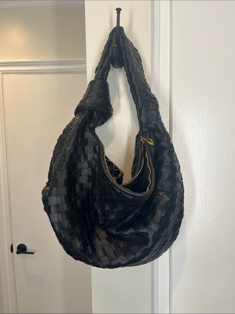 Black Woven Leather Hobo Bag